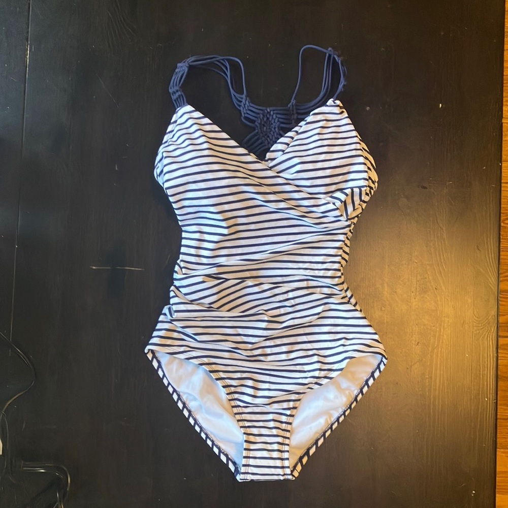 Navy blue and white stripped one-piece swimsuit. Size medium. Kona Sol.